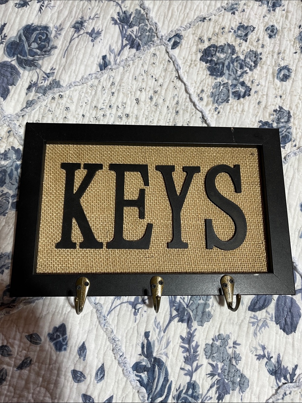 KEYS Burlap Wall Key Holder with Black Frame and Brass Hooks